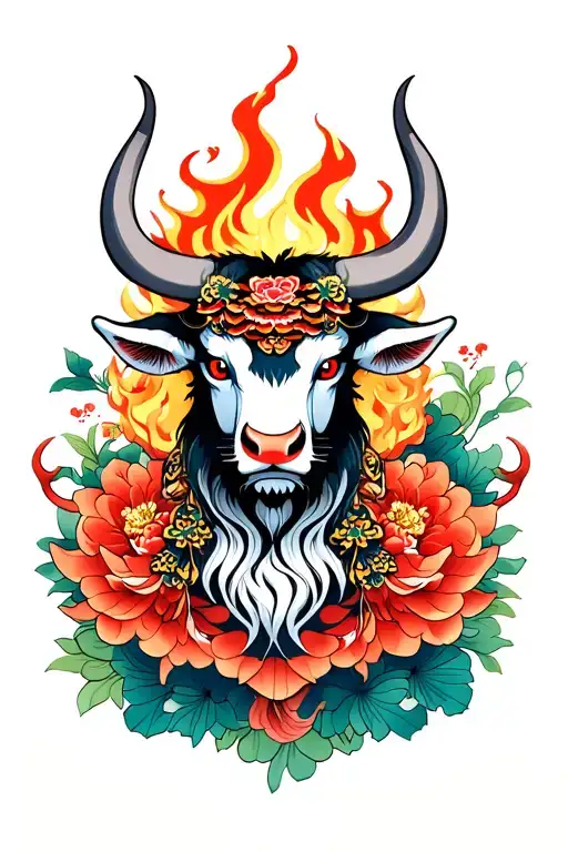 Oriental Fire Ox Surrounded By Lush