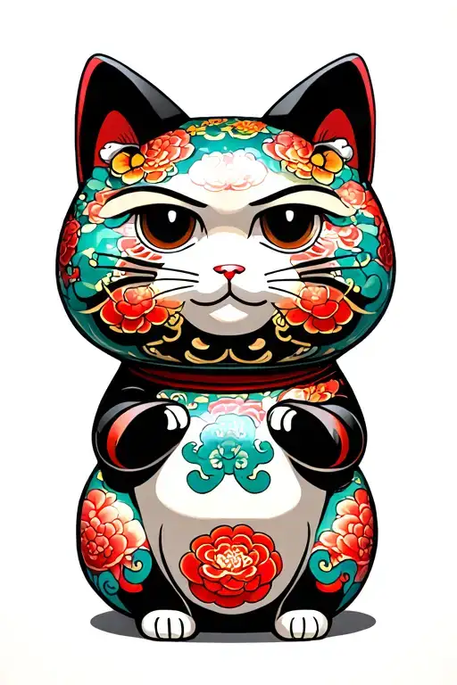 Daruma Doll With Lucky Cat Sitting