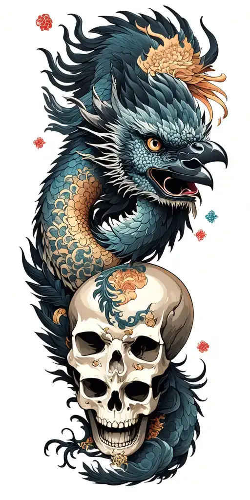 Chinese Dragon And Phoenix And Skull And Moon And Raven