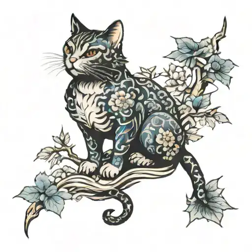 Cat Dragon With Leafs And Birds
