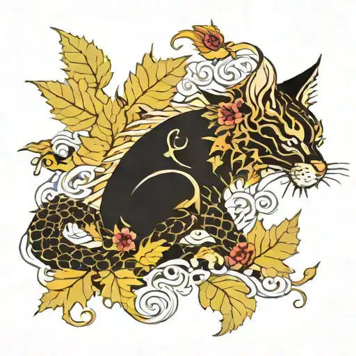 Cat Dragon With Leafs And Birds