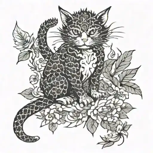 Cat Dragon With Leafs And Birds