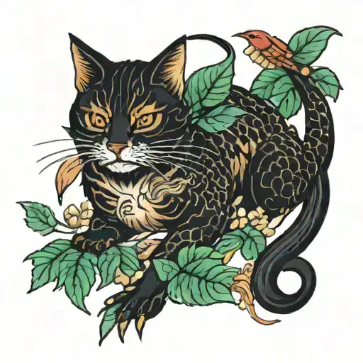 Cat Dragon With Leafs And Birds