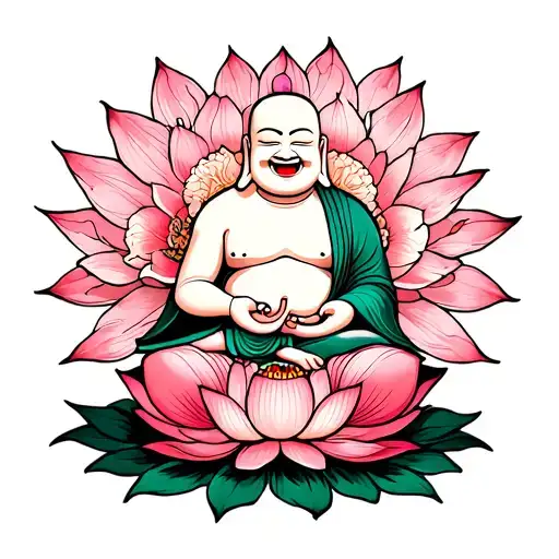 Bald Laughing Buddha Sitting On A Lotus Flower Blooming