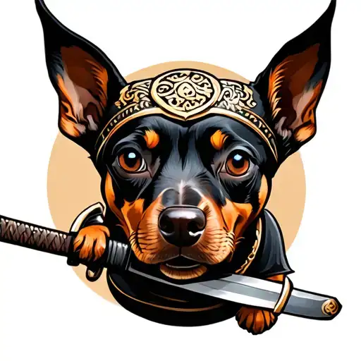 Older Min Pin Dog Wearing Samurati Armor In Attack Stance With Sword Drawn