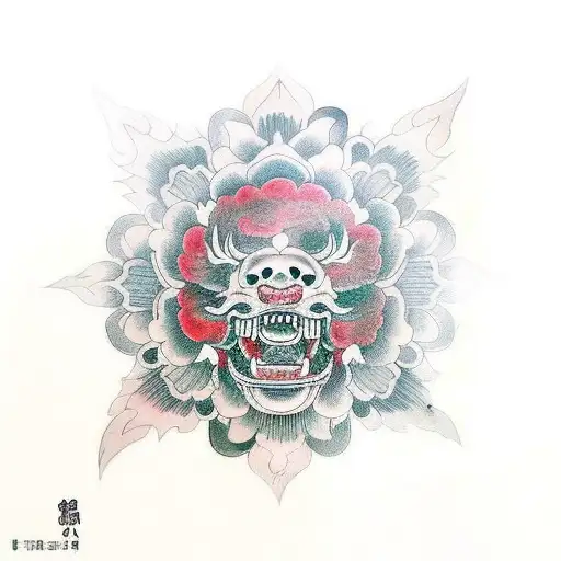 Foo Dog With A Samurai Shadow And A Lotus Flower