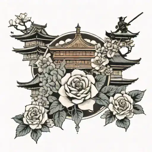 Japanese Palace With Roses And Samurai