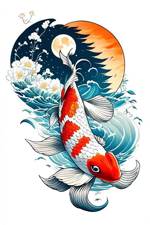 Koi Fish And Moon Surrounded
