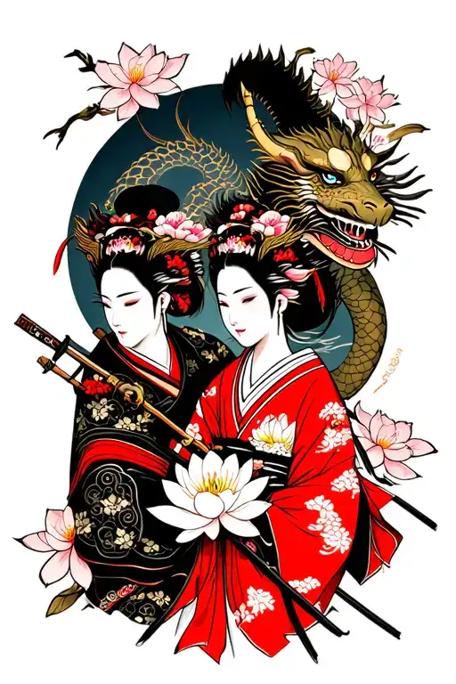 Samurai Warrior And Geisha With Sakura Lotus And Dragon Background