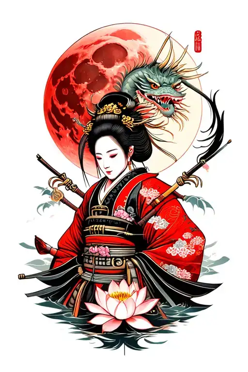 Samurai Warrior With Samurai Geisha And Sakura Lotus Dragon And Red Fullmoon