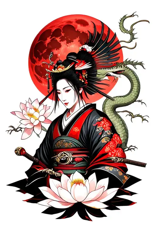 Samurai Warrior With Samurai Geisha And Sakura Lotus Dragon And Red Fullmoon