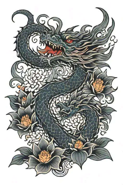 Dragon With Flames And Lotus Flowers