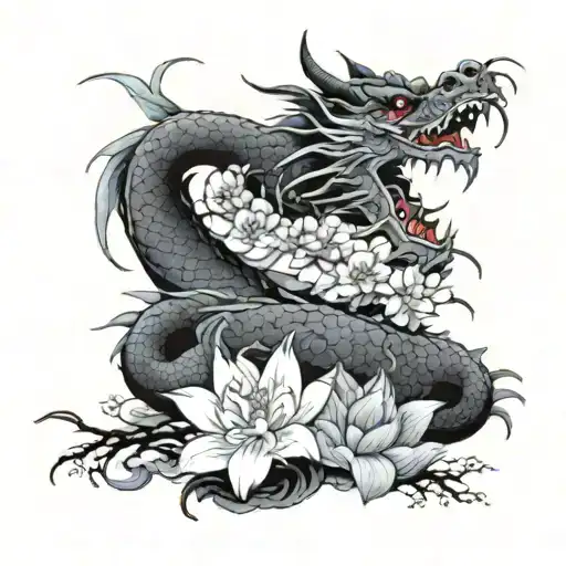 Dragon With Lotus And Cherry Blossoms