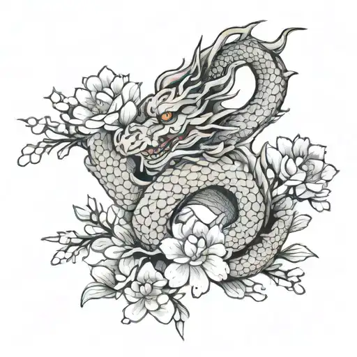 Dragon With Cherry Blossoms And Lotus Flowers