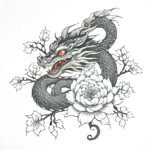 Dragon With Cherry Blossoms And Lotus Flowers