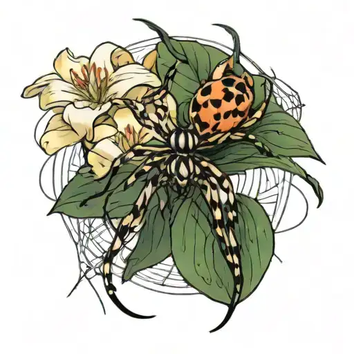 Spider With Web Over Lillies Growing