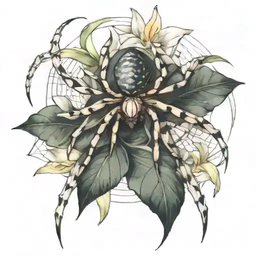 Spider With Web Over Lillies Growing