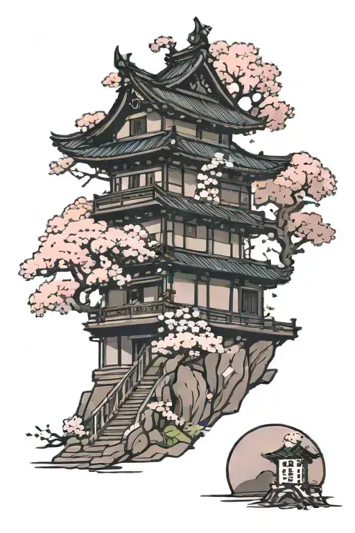Tower House With Cherry Blossom Tree