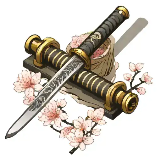 Japanese Katana Surrounded By Cherry Blossoms
