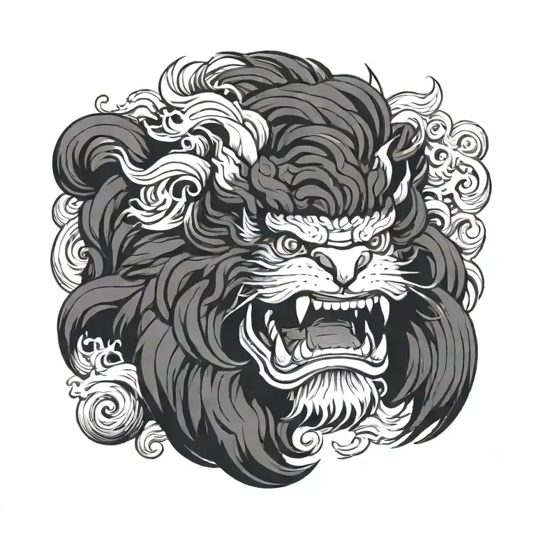 Black And White Shishi Angry Front Facing