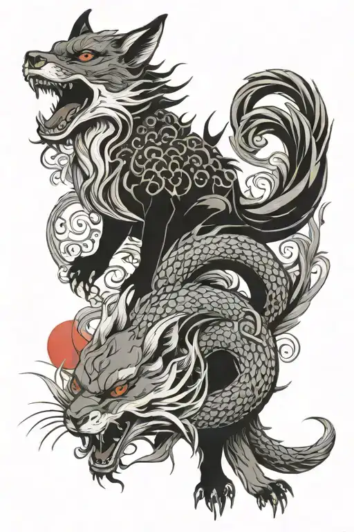 Fox And Dragon Intertwined And Moon