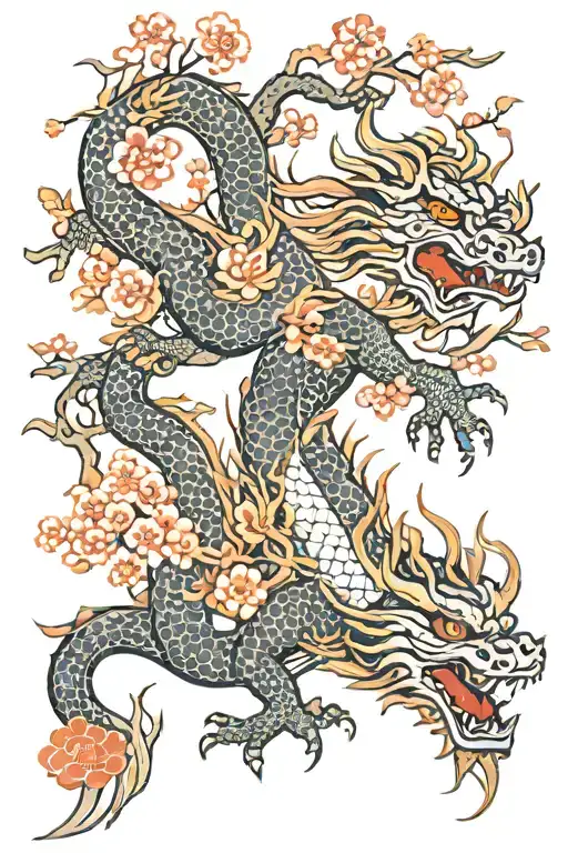 Sakura Tree Branches And Dragon