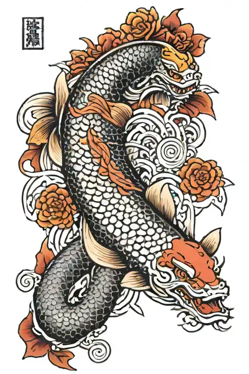 Koi Fish And Oni Mask With Snake