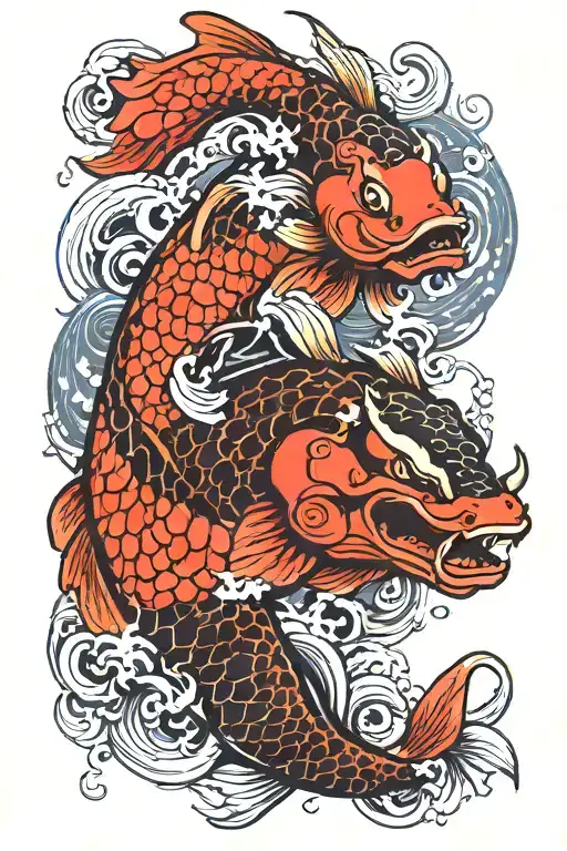 Koi Fish And Oni Mask With Snake