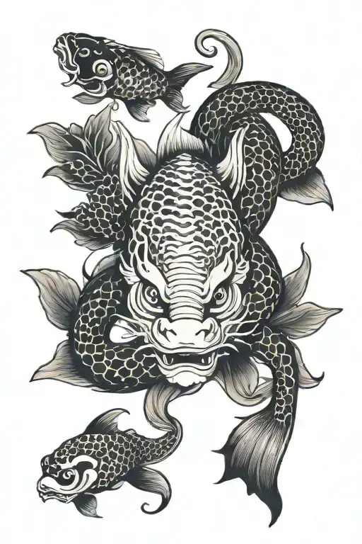 Koi Fish And Oni Mask With Snake