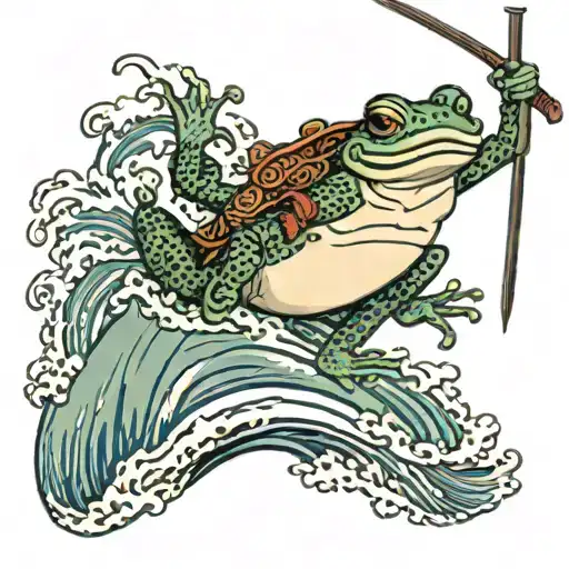 Frog Warrior Jumping With Spear Upwards On Top Of Wave