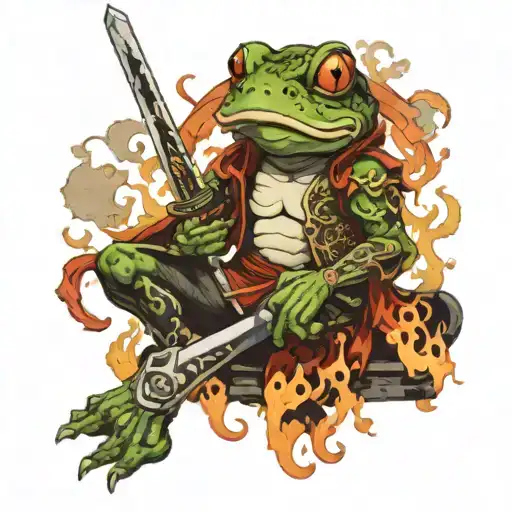 Frog Warrior With Sword Sitting In Throne With Flames Behind