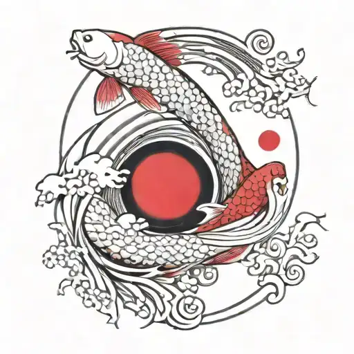 Yin And Yang Koi Fish With A Red Full Moon And Japanese Tidal Wave