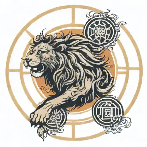 Lion And Dharma Wheel Surrounded
