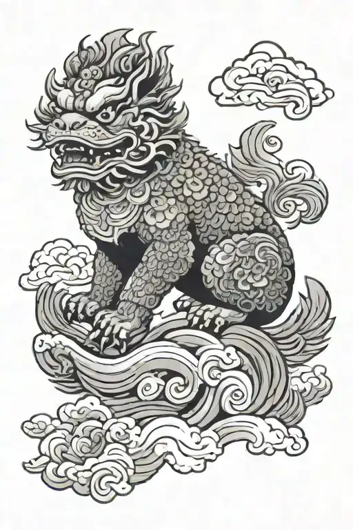 Chinese Foo Dog Sitting In A Cloud Background Black