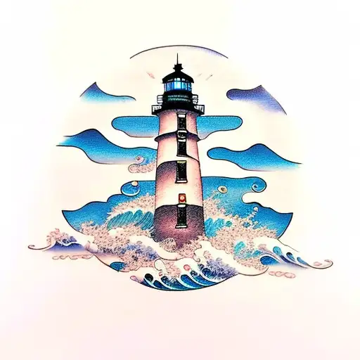 Lighthouse With Palm Trees And Ocean Waves