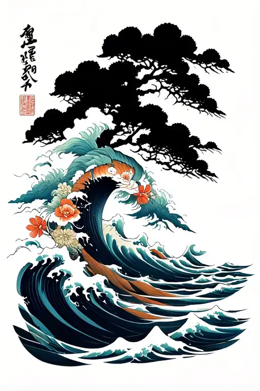 Leg Sleeve With Ocean And Japanese Culture