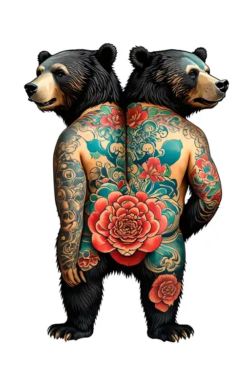 Bear Standing Back To Back Tattoo With Queen