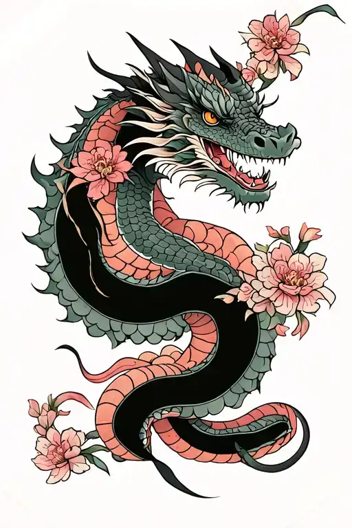 Dragon And Snake Samurai With Japanese Sakura Japanese Style Designs