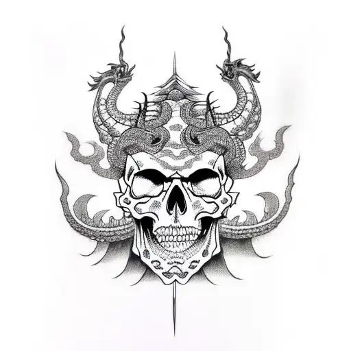 Scary Skull With Japanese Dragon Going Through It