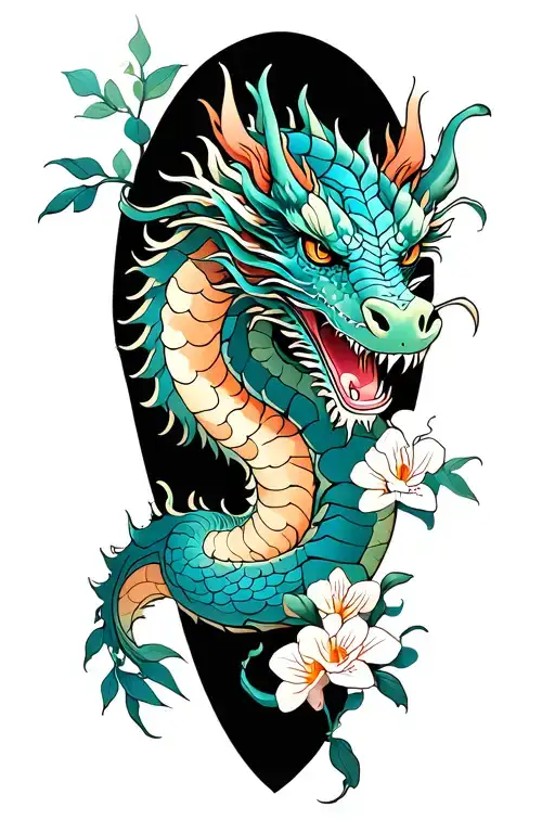Full Leg Tattoo Dragon And Orchids
