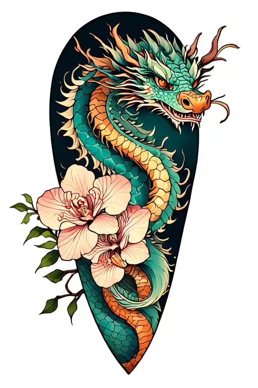 Full Leg Tattoo Dragon And Orchids