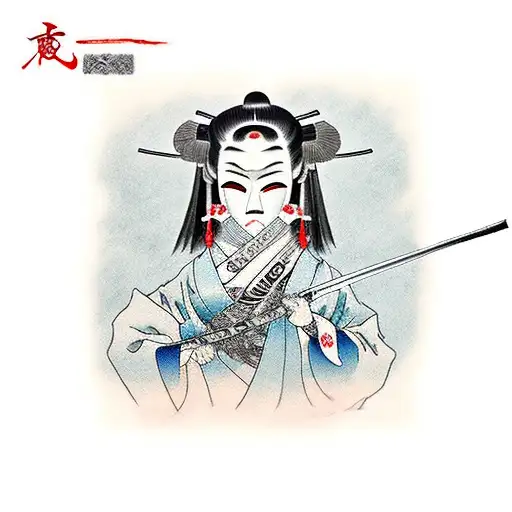 Geisha With Long Black Hair With Oni Mask And Katana