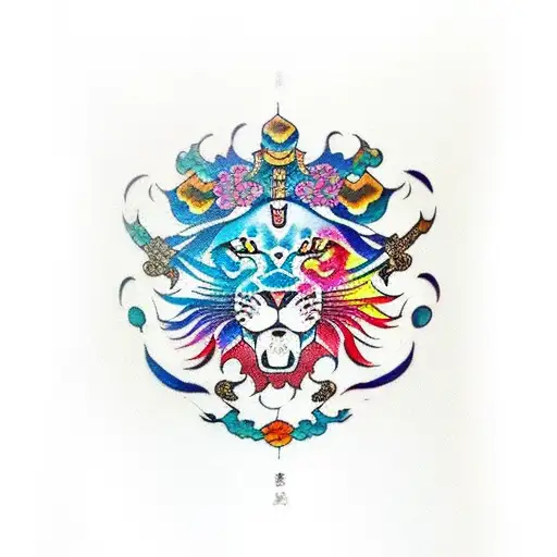 Traditional Japanese Lion Tattoo On Forearm Colorful