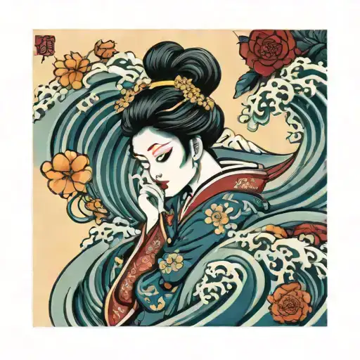 A Female Yokai With Waves And Flowers As Background