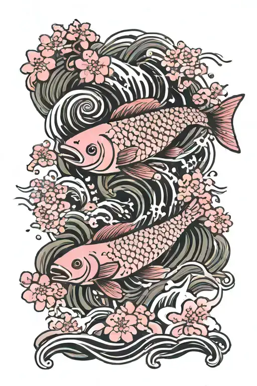 A Fish Climbing A Waterfall With Pink Cherry Blossoms