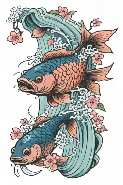 A Fish Climbing A Waterfall With Pink Cherry Blossoms