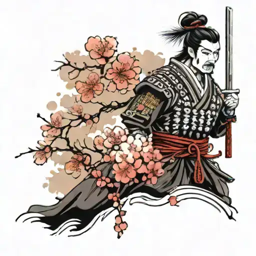 Samurai Warrior And Cherry Blossom Tree