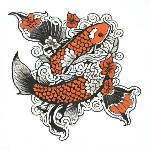 Japanese Koi Fish And Flowers