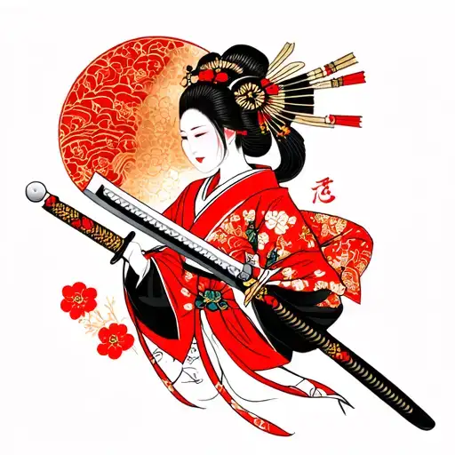A Traditional Japanese Geisha With Katana Sword
