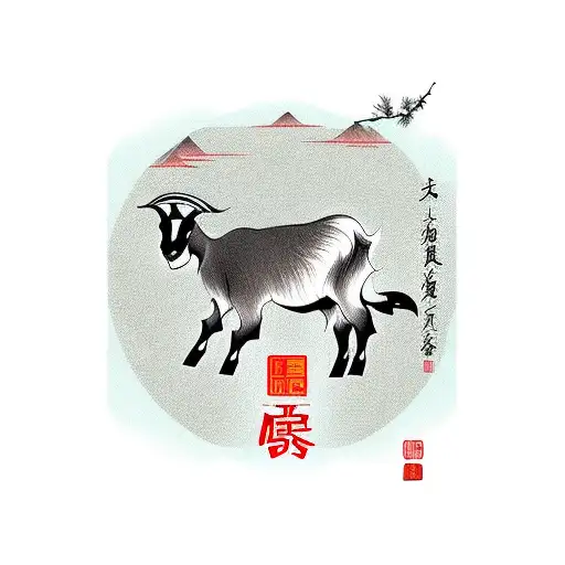 Goat With Chinese Landscape Behind With Bamboo And Chinese Characters